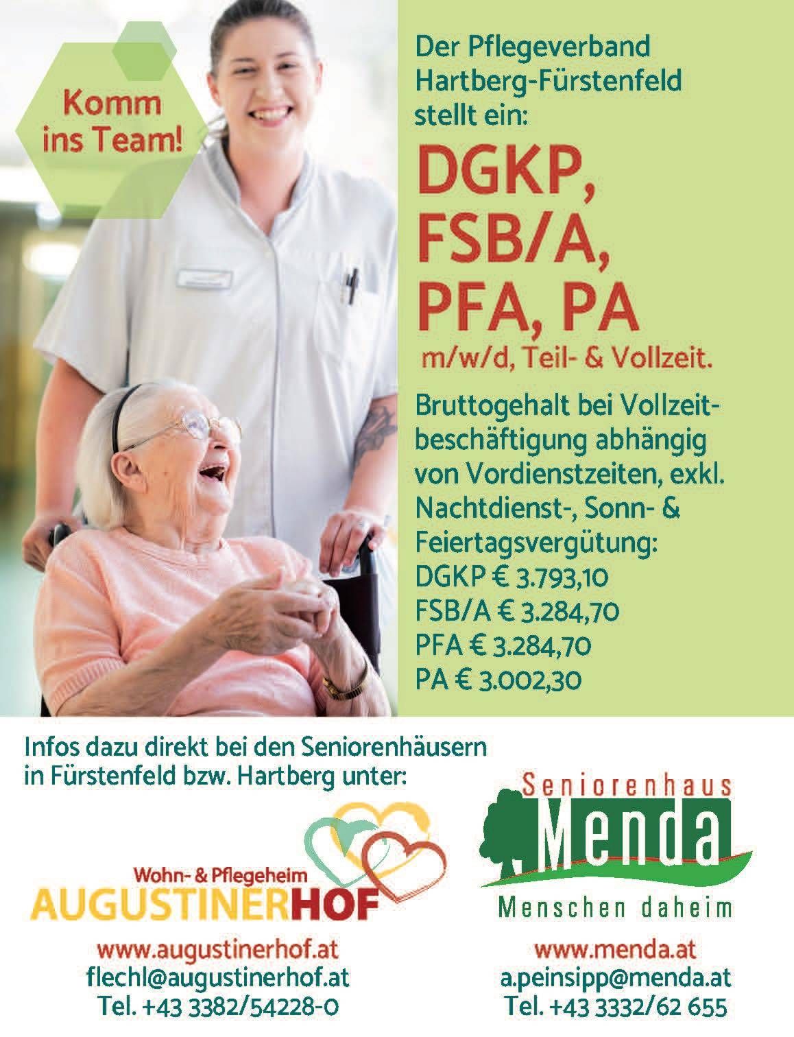 Ein Werbeplakat für Senioreneinrichtungen mit einer älteren Frau und einer Krankenschwester. Es zeigt Gehälter für verschiedene Positionen. Gehälter umfassen DGKP, FSB/A, PFA und PA. Informationen sind in den Seniorenhäusern in Furstenfeld und Hartberg erhältlich.