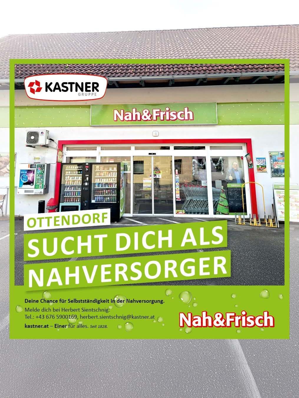 Ein Schaufenster für den Nah&Frisch-Lebensmittelladen mit einem Schild, das Ottendorf sucht Sie als Lebensmittellieferanten. Der Laden hat Glastüren, eine Klimaanlage und einen Mann vor einer Theke.