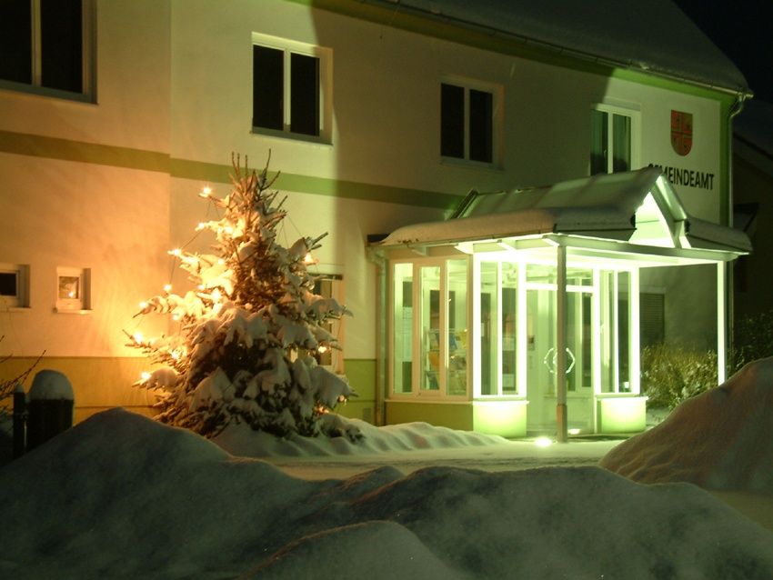 Ein Haus mit schneebedeckten Fenstern und einem dekorierten Weihnachtsbaum davor, beleuchtet von gelben Lichtern.