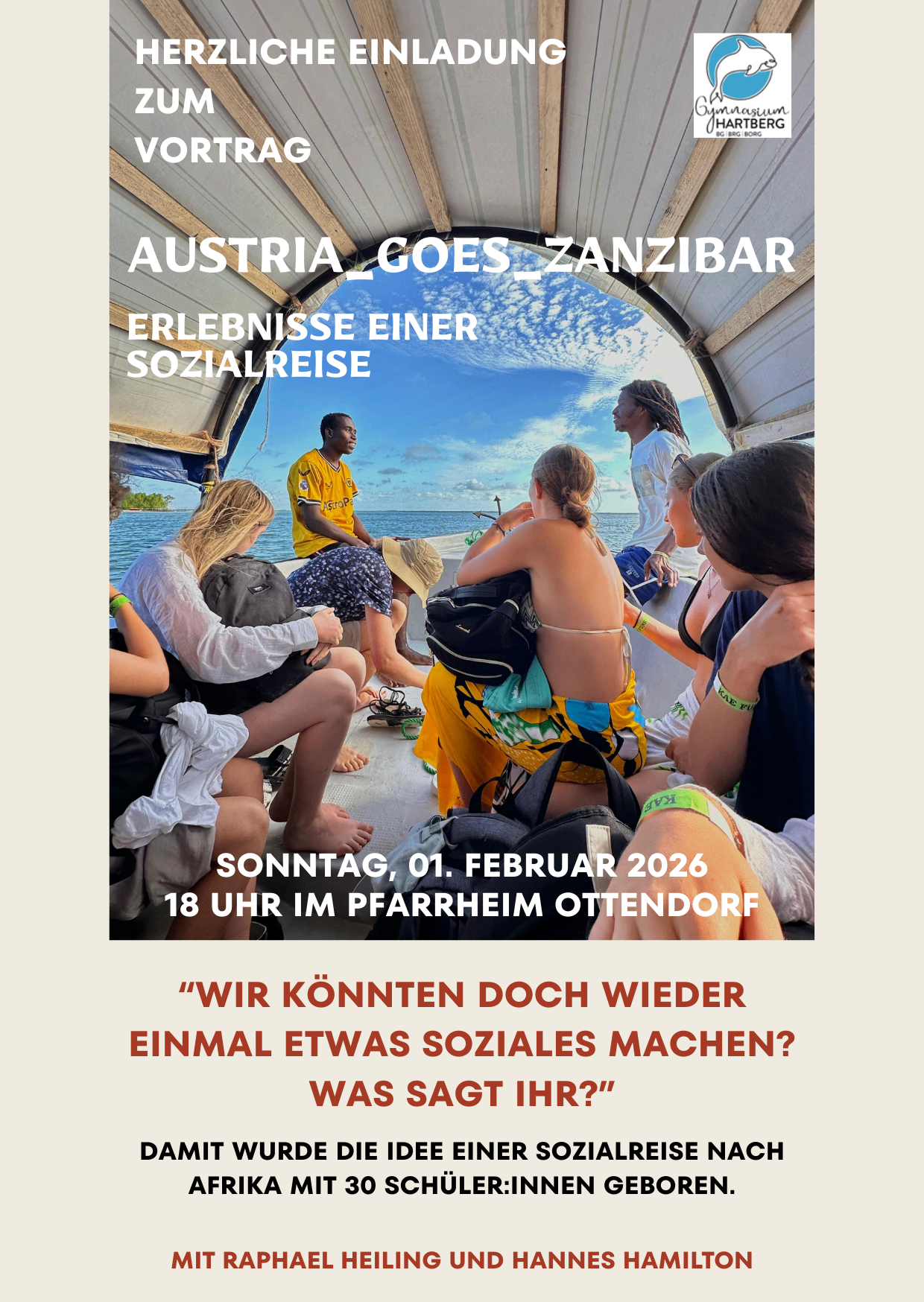 Gruppenfoto einer Sozialreise. Der Text lautet 'Austria Goes Zanzibar'. Datum ist der 1. Februar 2026. Ein Zitat sagt 'Wir könnten doch wieder etwas Soziales machen?'.