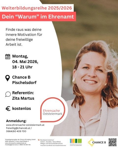 Advertisement for a free voluntary work motivation workshop on May 4, 2026, from 18 to 21 hours, in Chance B Pischelsdorf. Speaker: Zita Martus. Free registration.