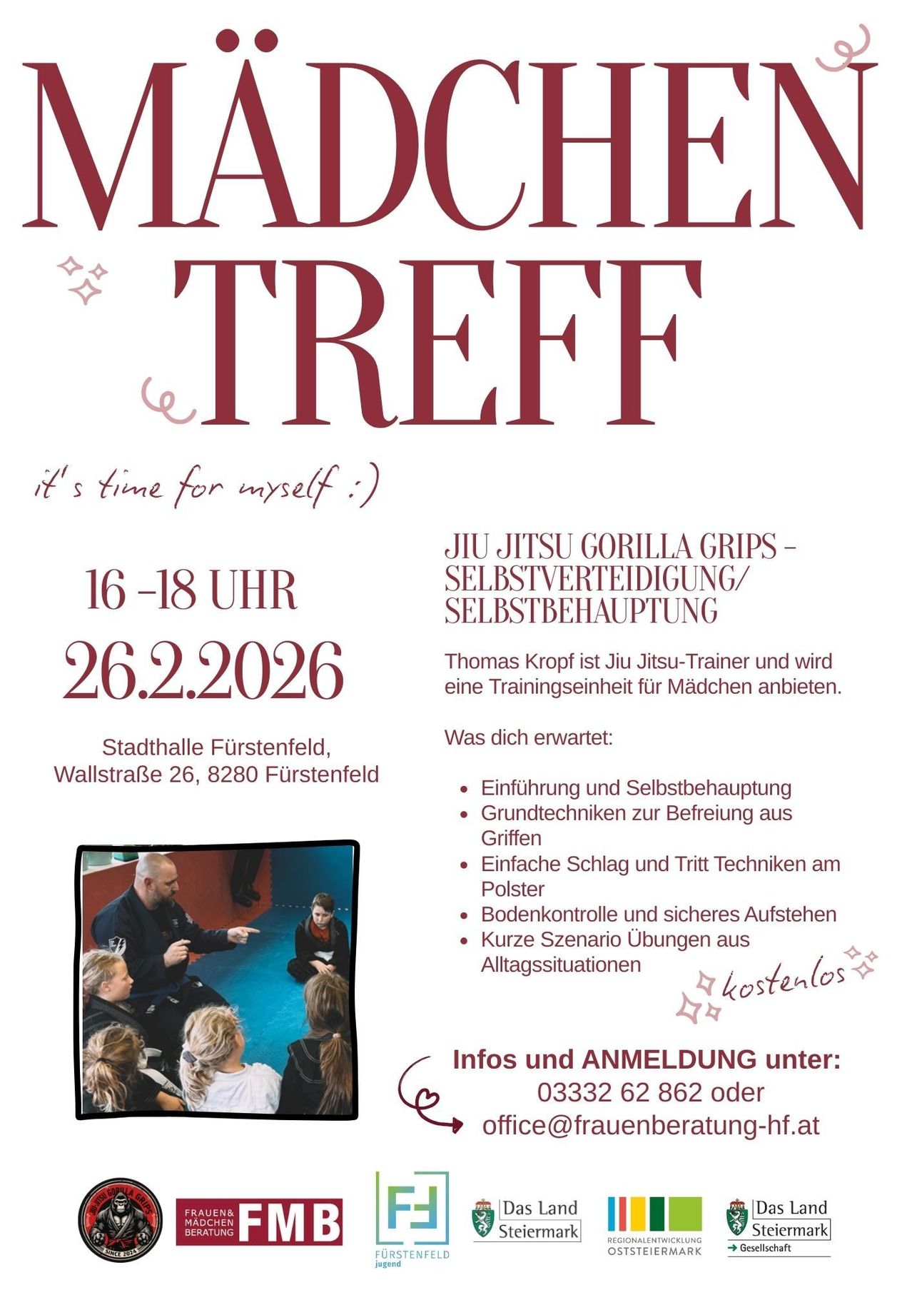 Plakat für eine Jiu Jitsu Trainingseinheit für Mädchen. Veranstaltungsname 'WADOUGHEN TREFF', Datum '26.2.2026', Zeit '16-18', Ort 'Stadthalle Furstenfeld, Wallstraße 26, 8280 Furstenfeld'. Kostenlose Veranstaltung. Beinhaltet Einführung, Selbstverteidigung, Grappling und Bodenkontrolle. Kontakt für Infos und Anmeldung: 03332 62 862.