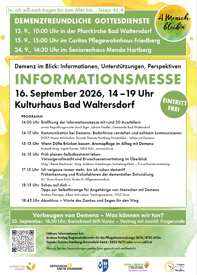 Plakat für eine Informationsveranstaltung über Demenz, betitelt 'Informationsmesse', geplant für den 16. September 2026 von 14 bis 19 Uhr im Kulturhaus Bad Waltersdorf. Das Programm umfasst verschiedene Sitzungen zu Themen wie Kommunikation, frühzeitige Planung und Selbstfürsorge für Pflegende. Der Eintritt ist frei.