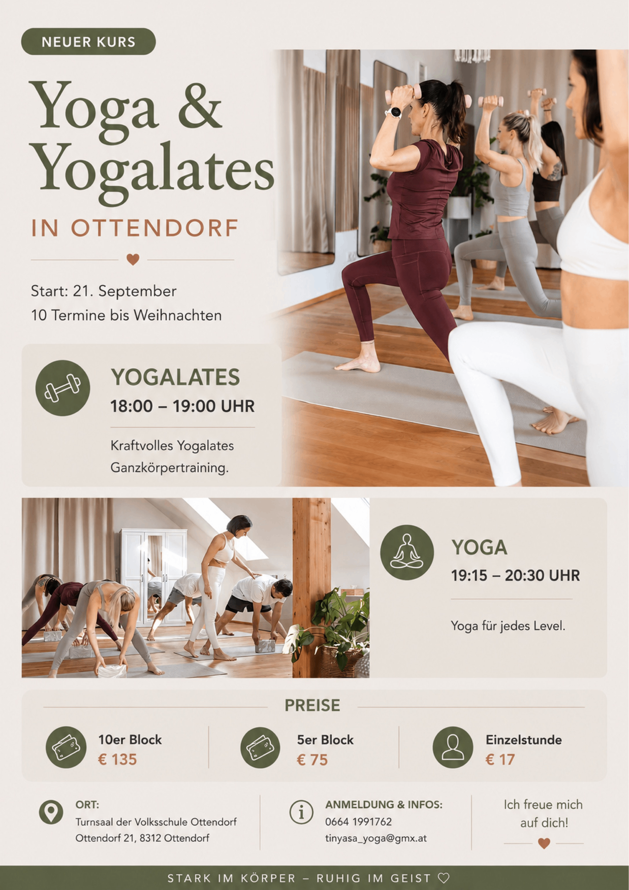 An advertisement for Yogalates in Ottendorf, featuring a woman doing yoga poses, with details about the class timings and prices.