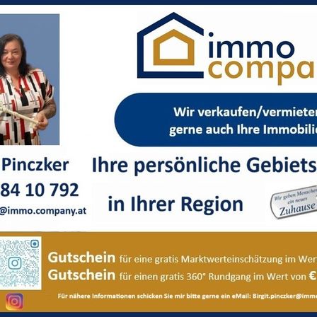 Eine Werbung für Immo Company zeigt eine Frau mit einem Schlüssel. Es bietet Dienstleistungen für den Verkauf und die Vermietung von Immobilien und enthält eine Telefonnummer und E-Mail. Die Anzeige erwähnt auch Gutscheine für kostenlose Immobilienbewertungen und virtuelle Rundgänge.
