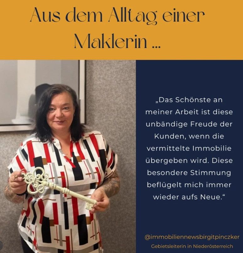 A real estate agent holds a key, smiling. A quote reads: 'The most beautiful thing about my job is the customers' joy when the property is handed over.' The agent is in a room with a gray wall.