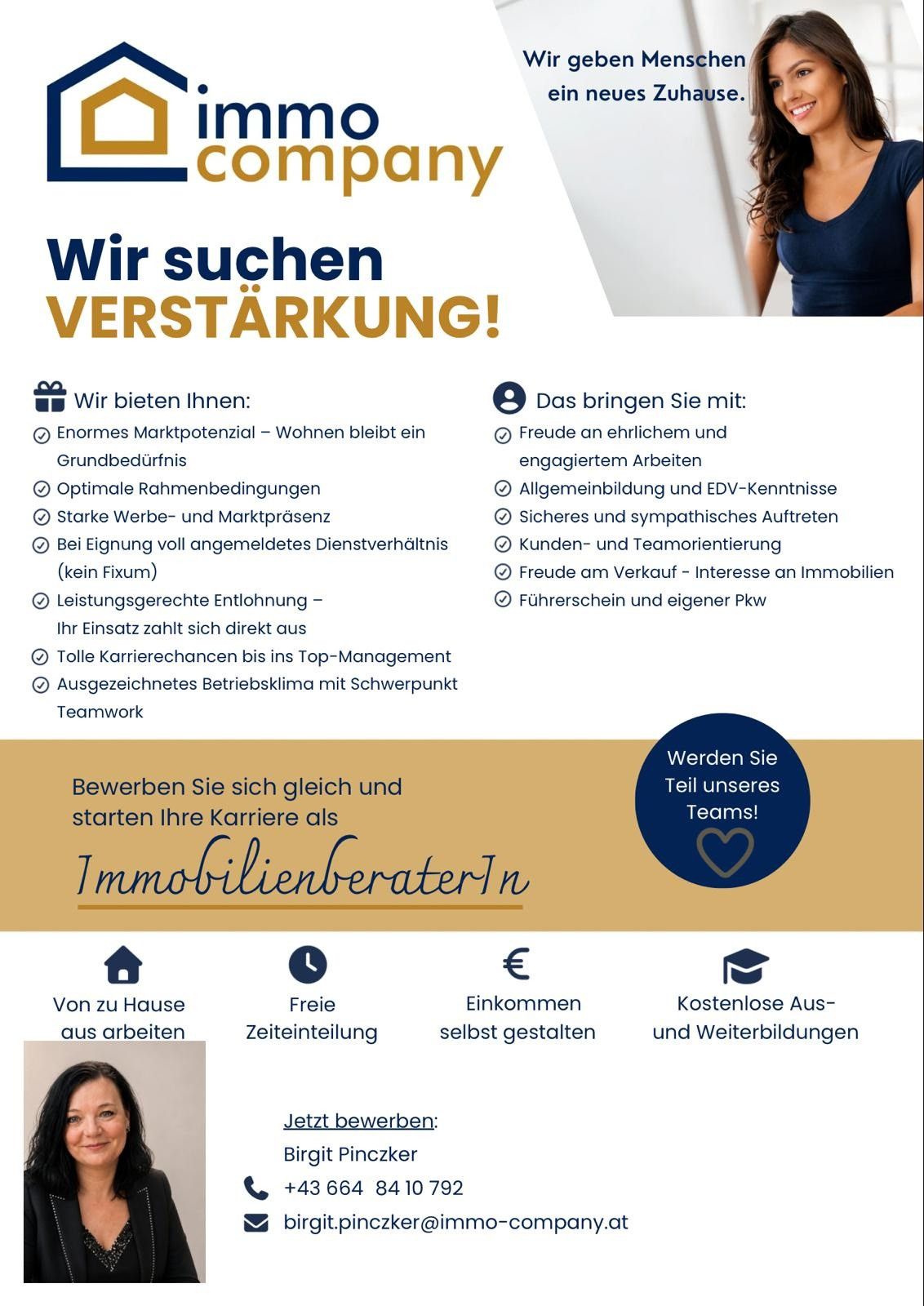 An advertisement for real estate agents is displayed. It highlights benefits such as a large market potential, optimal conditions, strong sales and market presence, and a full-time employment with no fixed-term contract. It also mentions performance-based compensation, direct impact, excellent career opportunities, and a recognized company culture with a focus on teamwork. The image includes a call to action to join their team.