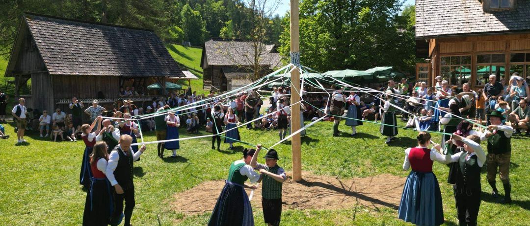 Eine Gruppe von Menschen in traditioneller Kleidung tanzt einen Maibaumtanz auf einer Wiese, umgeben von Zuschauern an einem sonnigen Tag.