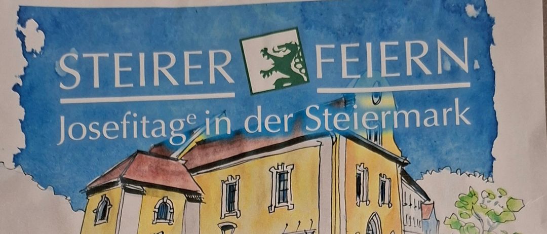 Veranstaltungsplakat für den 26. März mit Aktivitäten ab 15 Uhr. Beinhaltet ein Kinderprogramm, ein Fest mit Gottesdienst und eine Ausstellung von Kinderkunstwerken zum Thema 'Heiliger Josef'. Mit lokalen Vereinen und einem Paar in traditioneller Kleidung.
