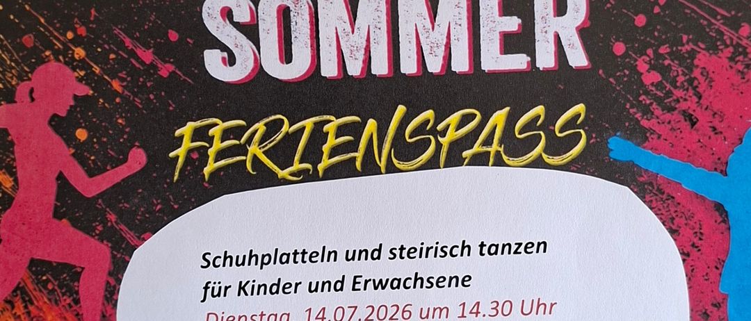 Plakat für Jugend und Generationen Sommer Ferienpass-Veranstaltung. Beinhaltet Schuhplatten und steirischen Tanz für Kinder und Erwachsene. Termine: 14.07.2026 und 08.09.2026 um 14:30. Veranstaltungsort: Lichtensteinstraße 8. QR-Code vorhanden.
