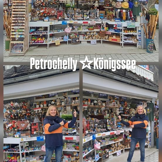 Drei Bilder eines Ladens voller verschiedener Produkte. Das oberste Bild zeigt eine Draufsicht des Ladens. Die mittleren und unteren Bilder zeigen eine Frau vor dem Laden.