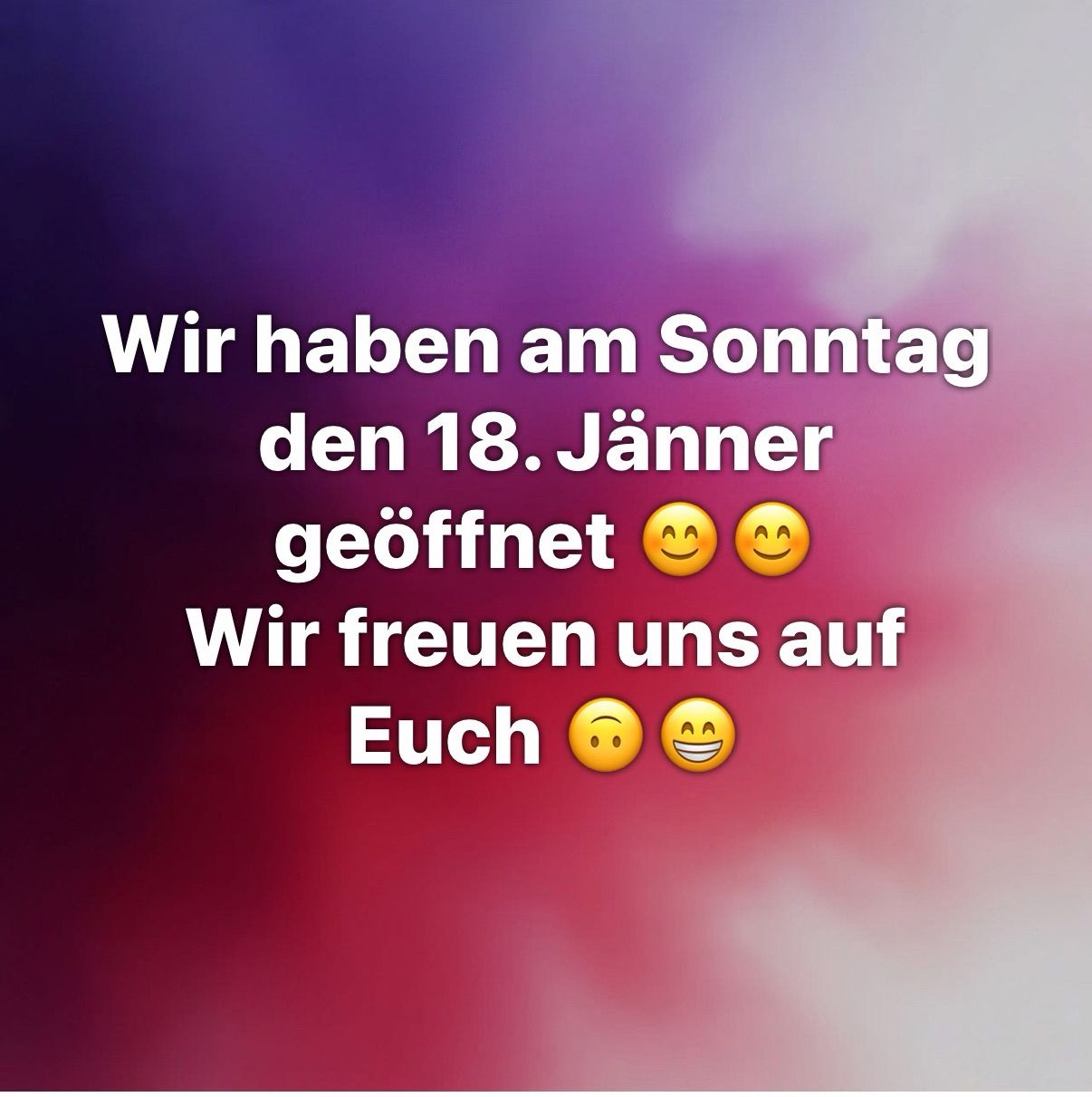 Deutscher Post, der mitteilt, dass sie am Sonntag, den 18. Januar, geöffnet haben und sich auf den Besuch aller freuen. Der Text wird von lächelnden Emojis begleitet.