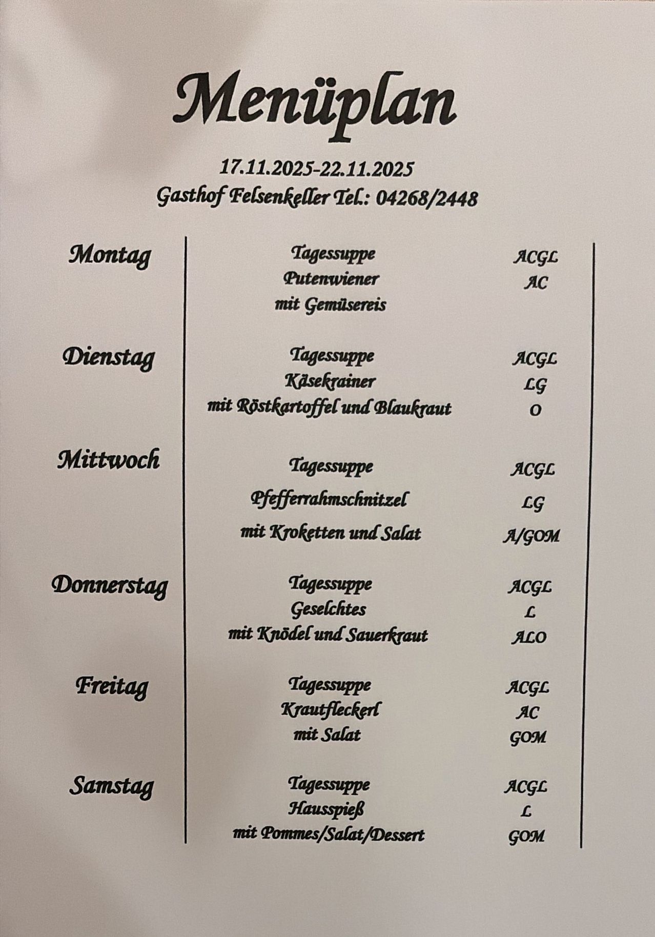 Weekly menu from November 17, 2025, to November 22, 2025, at Gasthof Felsenkeller. Includes daily soup options with various side dishes and beverage prices.
