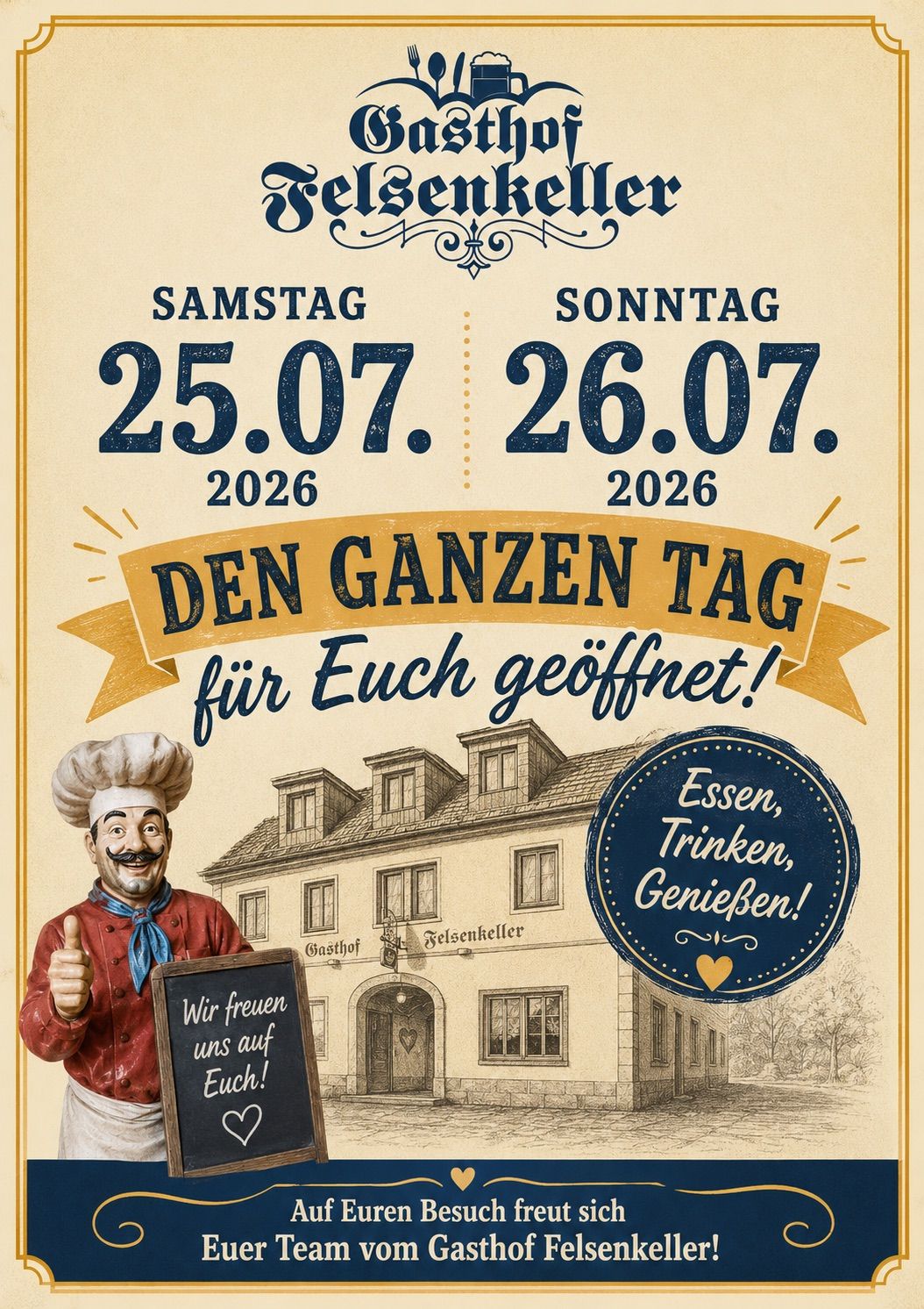 Eine Werbung für eine deutsche Gaststätte mit einem Koch und einem Gebäude mit den Daten 25. und 26. Juli 2026, die alle einlädt zu besuchen.