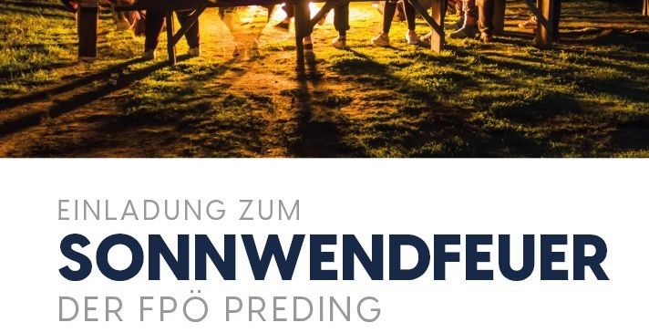 Ein Bild zeigt eine Gruppe von Menschen, die bei Nacht um ein Lagerfeuer sitzen, mit einem Banner darunter, das ein Lagerfeuer-Event ankündigt.