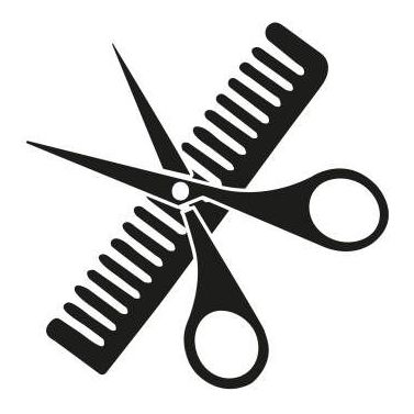 Ein schwarz-weißes Symbol zeigt eine Schere, die einen Kamm überkreuzt.