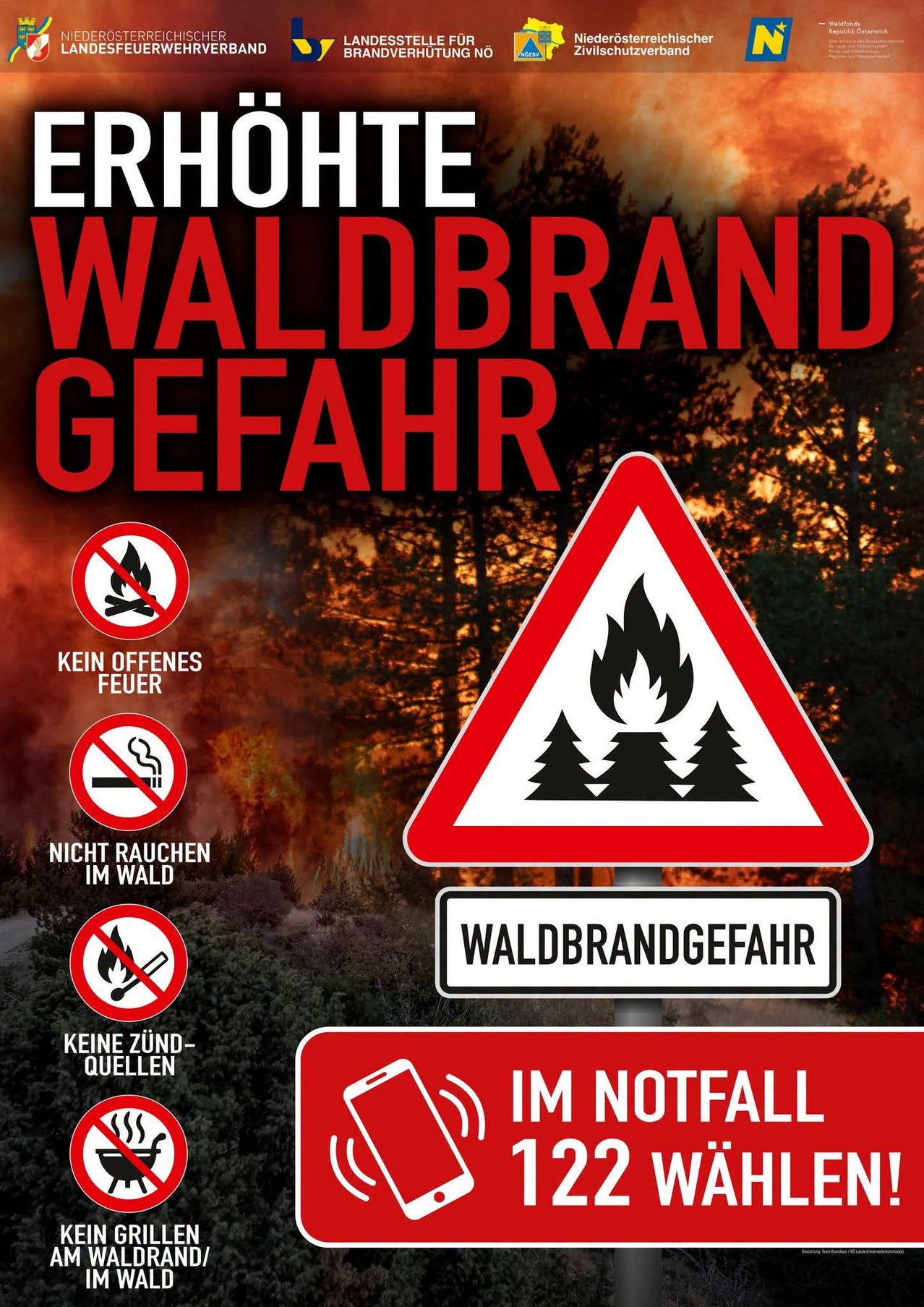 Ein Warnschild für Waldbrandgefahr mit Symbolen für kein offenes Feuer, kein Rauchen und keine Zündquellen, vor dem Hintergrund eines rauchenden Waldes.