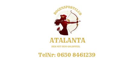 Atalanta archery club logo featuring a woman archer with a bow and arrow, accompanied by contact information including a phone number, email, and website. QR code is present.