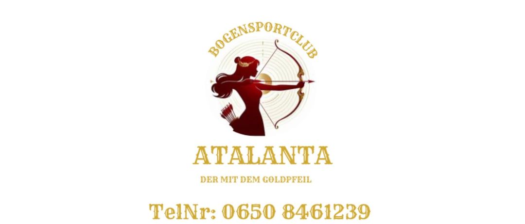 Atalanta Bogensportclub Logo mit einer Bogenschützin mit Bogen und Pfeil, zusammen mit Kontaktdaten einschließlich Telefonnummer, E-Mail und Website. QR-Code ist vorhanden.