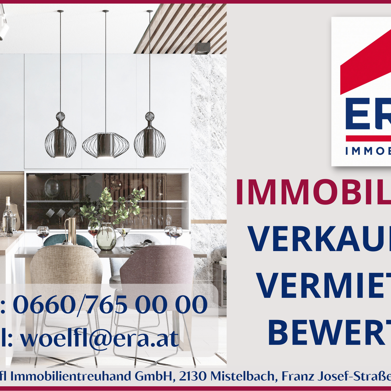 Eine Werbung für ein Immobilienunternehmen zeigt eine moderne Küche mit weißen Schränken, Pendelleuchten und einem Tisch mit Weingläsern. Das Logo lautet 'ER IMMO' und enthält Kontaktdaten.