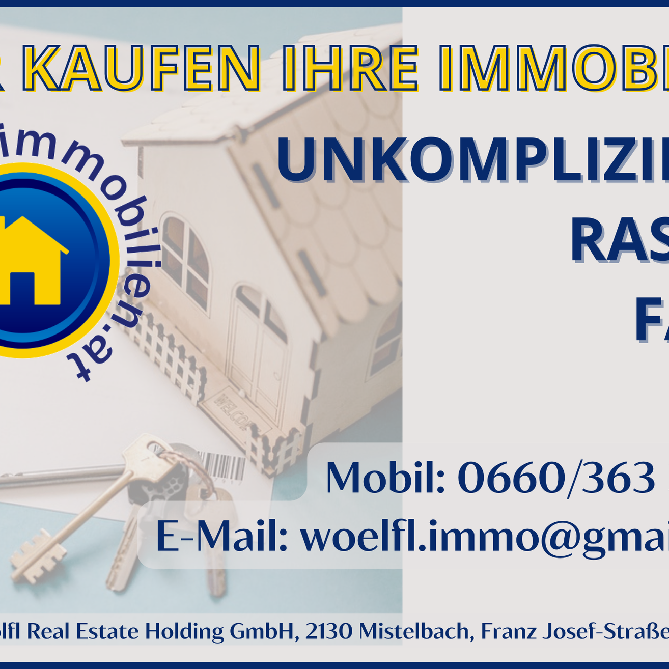 Werbeposter für eine Immobilienfirma mit Haussymbol, Kontaktdaten und Hausmodell. Firmenname ist Real Estate Holding GmbH. Mobilnummer und E-Mail sind angegeben.