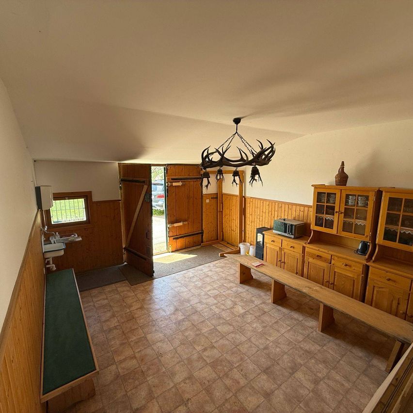 Ein leerer Raum mit Holzwänden und -boden. Eine Holzbank und ein Waschbecken befinden sich links. Ein Kronleuchter hängt von der Decke, und ein Schrank mit einer Mikrowelle steht rechts. Ein Fenster mit Gitter befindet sich über dem Waschbecken.