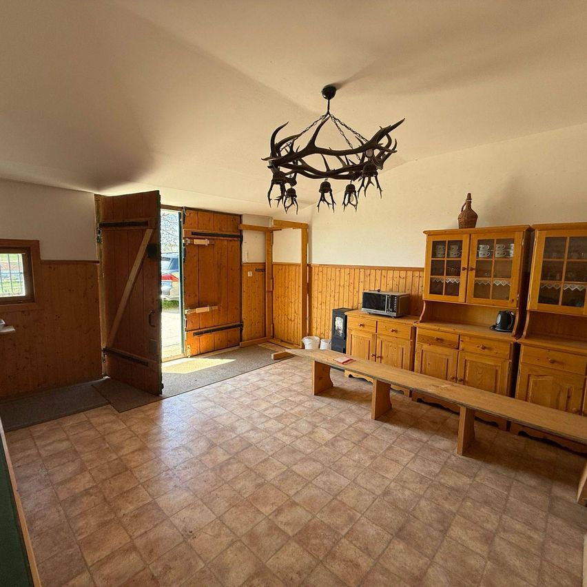 Ein leerer Raum mit gefliestem Boden und Holzwänden. Eine Holztür ist offen und führt in einen anderen Raum. Eine Holzbank und Schränke befinden sich auf der rechten Seite. Eine Kronleuchter mit Geweihen hängt von der Decke.