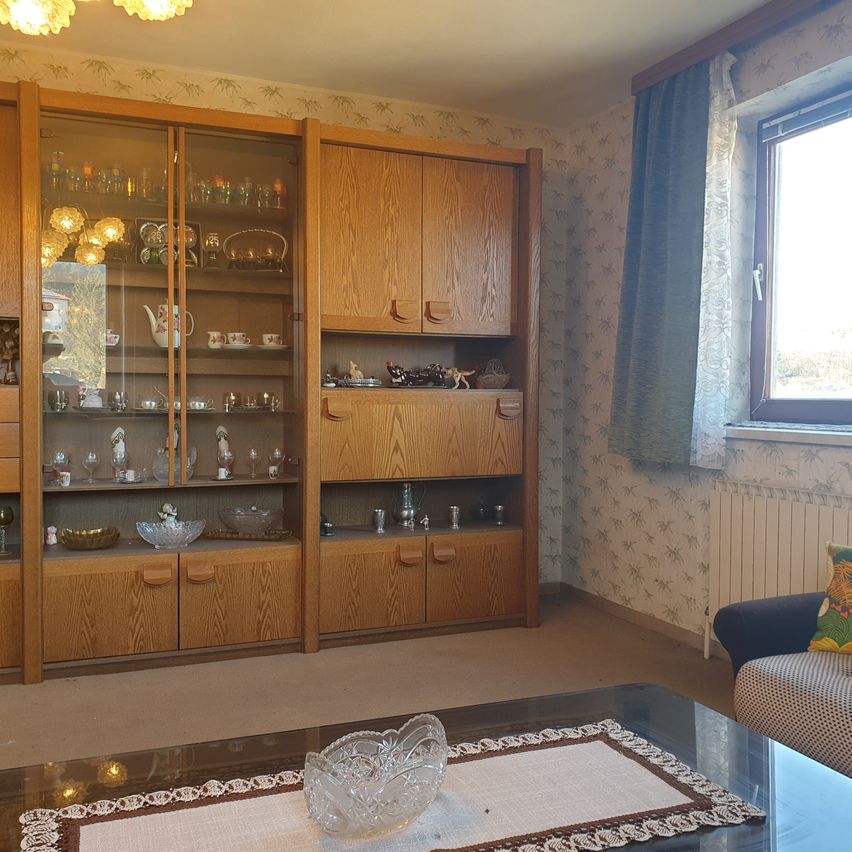 Ein Zimmer mit einem hölzernen Schrank, gefüllt mit verschiedenen Glaswaren und Porzellanartikeln, einem Glastisch mit einer dekorativen Schüssel und einem Sofa mit einem Kissen.