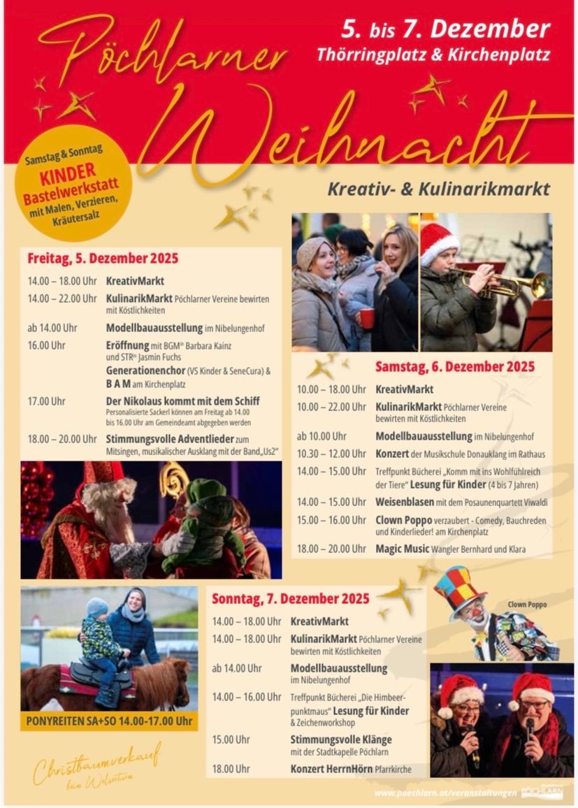 Weihnachtsmarkt mit Kinderworkshops, Händlern und Glühwein. Freitag, 5. Dezember 2025: Kreativmarkt 14:00-18:00, Kulinarikmarkt 14:00-22:00, Modellbahnausstellung um 14:00 Uhr, Eröffnung um 16:00 Uhr. Samstag, 6. Dezember 2025: Kreativmarkt 10:00-18:00, Kulinarikmarkt 10:00-22:00, Modellbahnausstellung um 10:30-12:00 Uhr. Sonntag, 7. Dezember 2025: Kreativmarkt 14:00-18:00, Kulinarikmarkt 14:00-18:00.