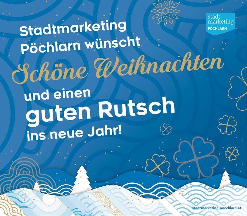 Ein blauer Banner wünscht Ihnen frohe Weihnachten und einen guten Rutsch ins neue Jahr. Es zeigt Winterlandschaften mit Bäumen und Schneeflocken.