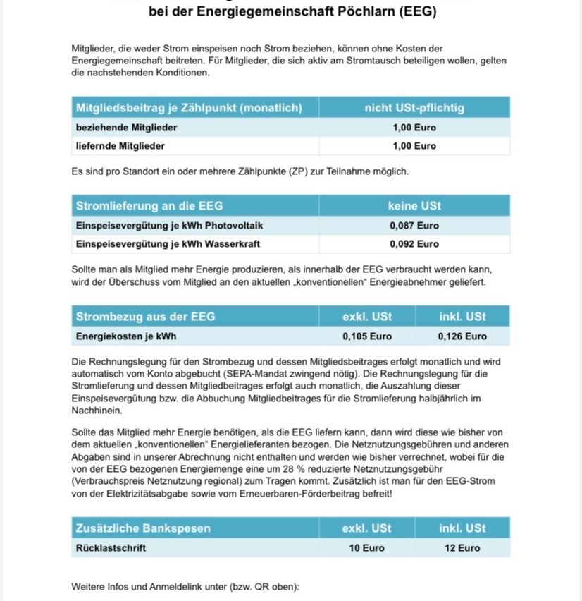This image contains information about member contributions and energy costs for the energy cooperative. Members can contribute monthly without VAT. Excess energy production is transferred to the cooperative at a reduced rate, excluding network fees. Additional bank fees apply.