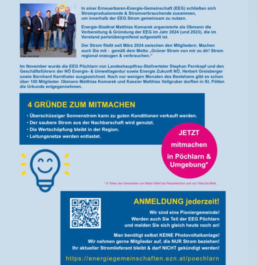 An image shows several people standing with a certificate. They are in business suits. The image is an advertisement for an energy cooperative. The benefits of joining include selling surplus solar energy, using clean energy, keeping profits in the region, and not having to pay for transmission lines. The image also has a QR code for signing up.