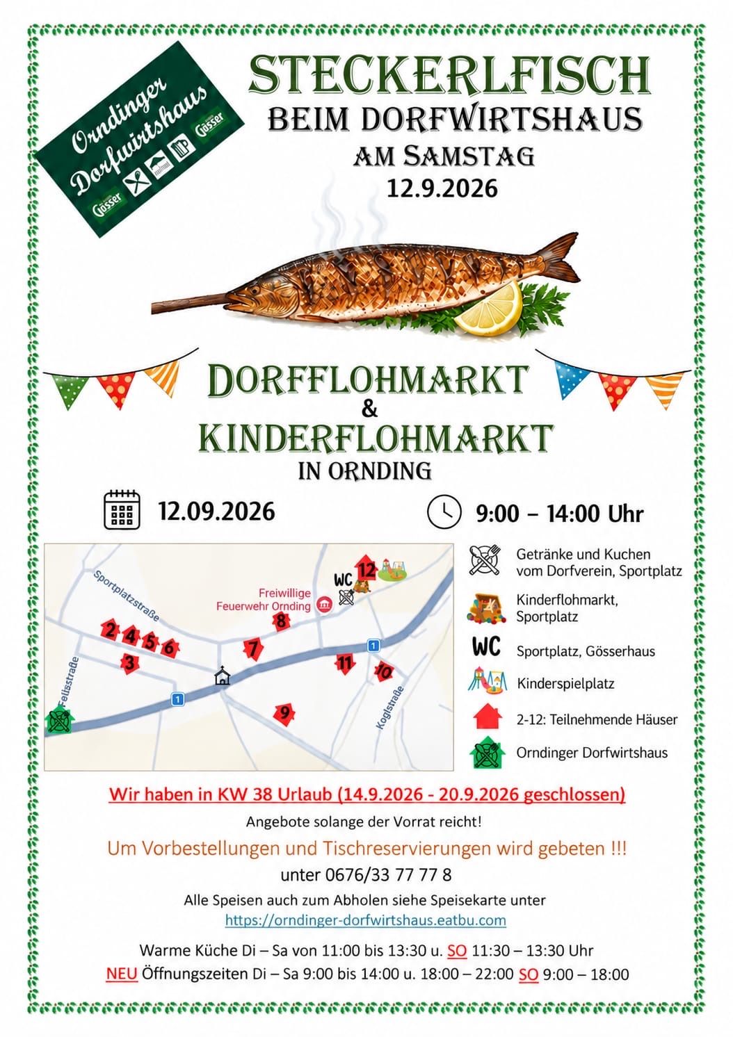 Poster for Dorfflohmarkt & Kinderflohmarkt in Ornding on September 12, 2026, featuring a fish, a map, and various event details.