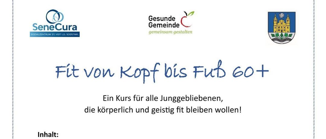 Ein Kurs für Senioren ab 60 Jahren, die körperlich und geistig fit bleiben möchten. Der Kurs beginnt mit einem Tanz im Sitzen, gefolgt von Mobilitäts-, Gleichgewichts-, Konzentrations- und Gedächtnisübungen. Die Einheiten finden hauptsächlich im Sitzen oder Stehen statt. Anmeldung für einen Kurs am 2. März 2026, um 14:30 Uhr, mit einer Dauer von 60 Minuten. Preis: 35 €. Schnupperer sind herzlich willkommen.