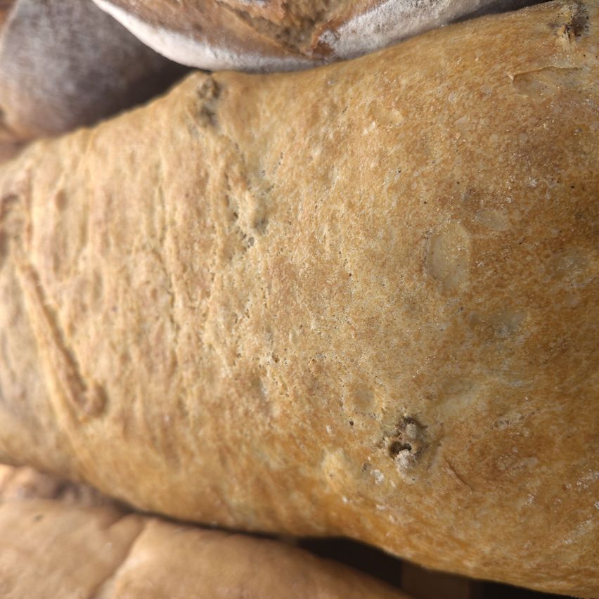 Eine Nahaufnahme eines goldbraunen Laibs Brot mit sichtbaren Luftlöchern und einer leicht strukturierten Kruste.