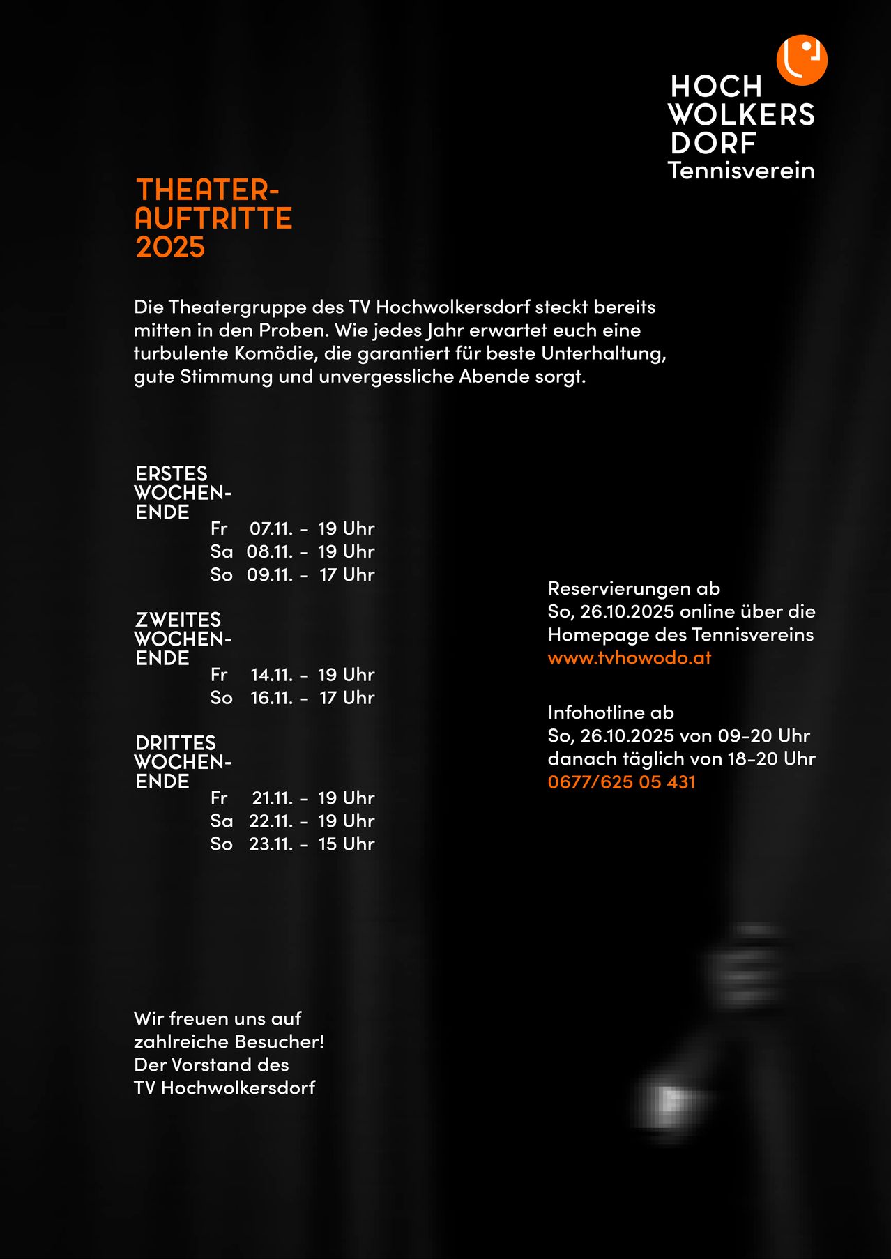 Theater-Auftritte 2025. Die Theatergruppe des TV Hochwolkersdorf steckt bereits mitten in den Proben. Wie jedes Jahr erwartet euch eine turbulente Komödie, die für beste Unterhaltung, gute Stimmung und unvergessliche Abende sorgt.
