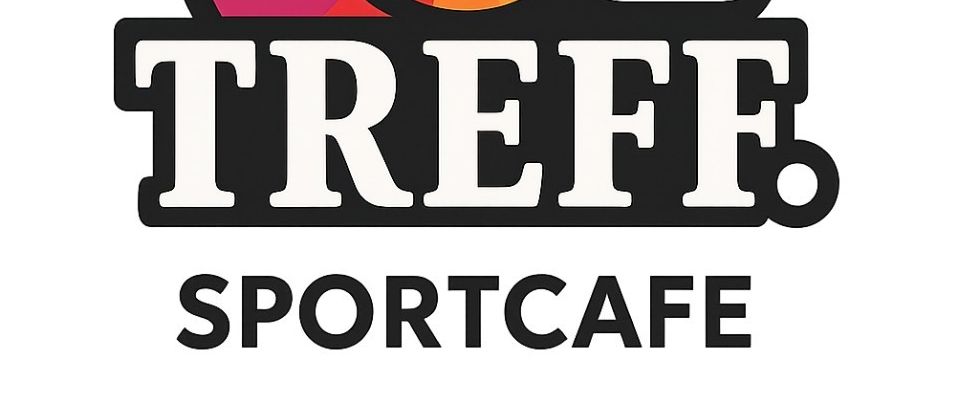 Ein farbenfrohes Dartboard mit einer Tasse Kaffee und Dampf, beschriftet mit 'Treff Sportcafe'.