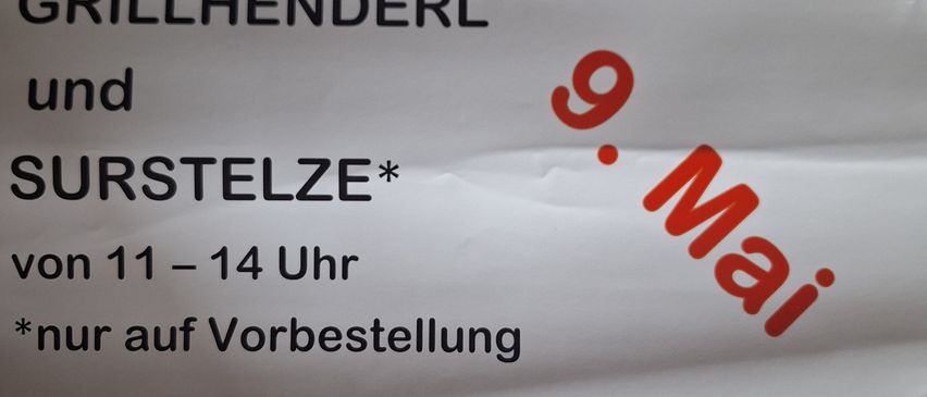 Werbeplakat für Treff Sportcafe auf Falkstraße 15, 2540 Bad Vöslau. Es bietet Grillhendl und Surstelzen nach Reservierung von 11-14 Uhr.