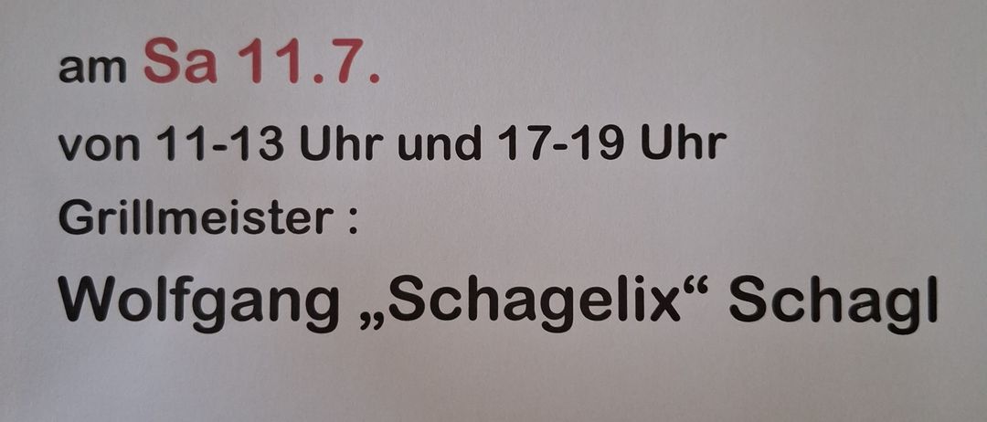 Ein Sportcafe befindet sich in der Falkstraße 15, 2540 Bad Vöslau. Grillmeister Wolfgang 'Schagelfix' Schagl. Bitte um Reservierung und Tischreservierung bis Mi 8.7. Tel: 0664/2369466 oder persönlich.