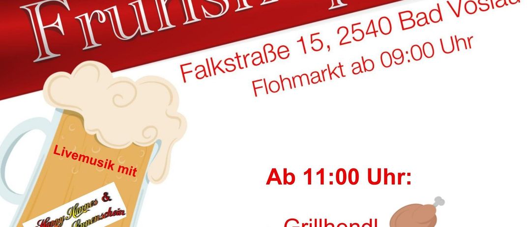 Plakat für eine Marktveranstaltung in Bad Vöslau am 26. Oktober mit einem Bierkrug, Live-Musik und Essensständen.