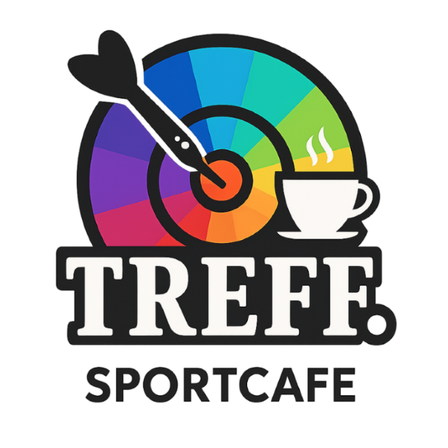 The Treff Sportcafe logo features a dart stuck in a multicolored target, with a coffee cup and steam on the right.