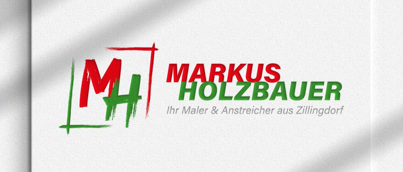 Eine weisse Visitenkarte zeigt das Logo von Markus Holzbauer, einem Maler und Anstreicher aus Zillingdorf. Das Logo ist in rot und grün gehalten.