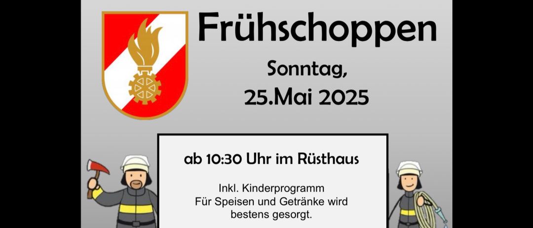 Plakat für den Frühlingsmarkt der Freiwilligen Feuerwehr Rohr an der Raab am 25. Mai 2025. Zeigt einen Feuerwehrmann mit Axt und einen mit Schlauch. Das Plakat ist rot und grau.