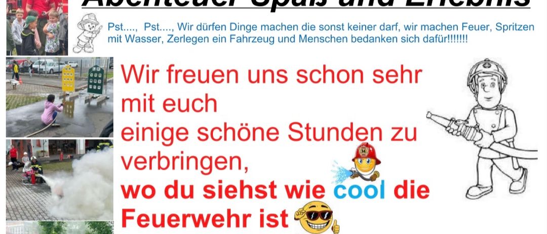 Das Bild ist ein Plakat für eine von der Feuerwehr organisierte Veranstaltung. Es zeigt verschiedene Aktivitäten wie Feuermachen, Wasserspritzen und Fahrzeuginspektionen. Das Plakat enthält auch Bilder von Feuerwehrleuten und Kindern und lädt alle ein, sich zu einigen schönen Stunden zu treffen. Die Veranstaltung ist für den 21. Juni 2025 um 9:30 Uhr geplant.