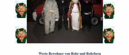 Ein Bild zeigt eine Gruppe von Personen in Kostümen vor einem roten Van. Darunter sind eine Figur, die St. Nikolaus ähnelt, und andere in Krampus-Kostümen. Der Text lädt die Bewohner ein, Nikolaus und seine Gefährten am 5. Dezember zu sich nach Hause einzuladen.