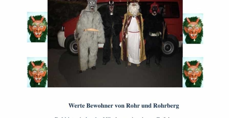 Ein Bild zeigt eine Gruppe von Personen in Kostümen vor einem roten Van. Darunter sind eine Figur, die St. Nikolaus ähnelt, und andere in Krampus-Kostümen. Der Text lädt die Bewohner ein, Nikolaus und seine Gefährten am 5. Dezember zu sich nach Hause einzuladen.
