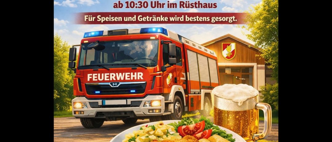 Plakat für eine Veranstaltung der deutschen Freiwilligen Feuerwehr mit Feuerwehrauto, Essen und einem Bierkrug. Veranstaltung: Brunch, 31. Mai 2026, ab 10:30 Uhr im Rüsthaus. Essen und Getränke werden bereitgestellt.