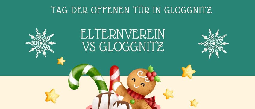 Plakat für eine Kinderveranstaltung mit Lebkuchenfiguren. Es zeigt einen Lebkuchen in einer Tasse mit einer Zuckerstange, umgeben von Sternen und Schneeflocken. Datum: 22.-23. Nov. Zeit: 10:30-18:30 Uhr. Ort: Schulzentrum.