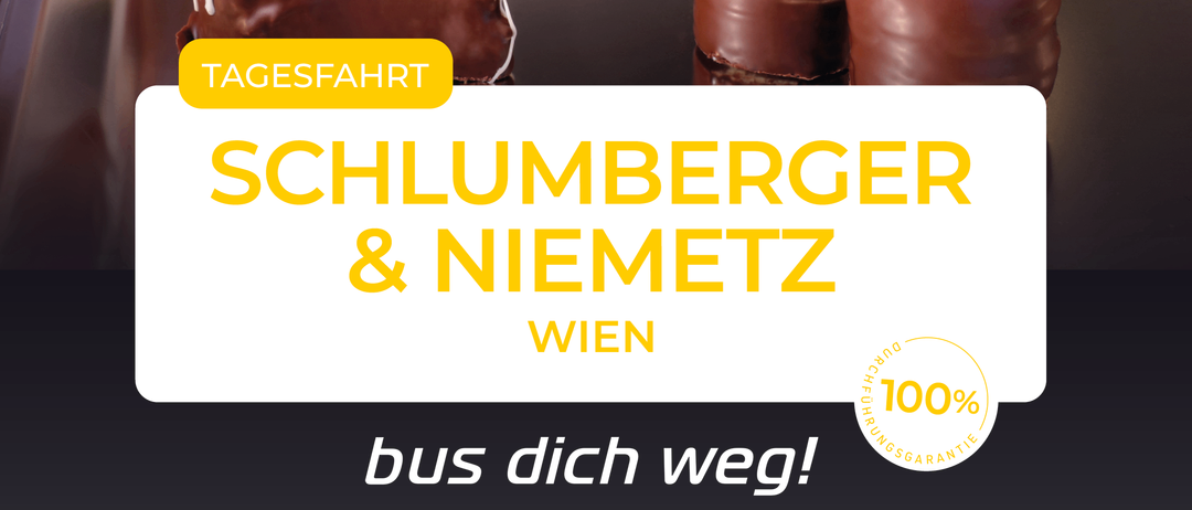 A person is decorating chocolate desserts. Behind them, a sign reads Niemetz. There are various chocolates and cookies on the table. The text 'Schlumberger & Niemetz' and 'Wien' is prominently displayed. The slogan 'Bus dich weg!' is also visible.