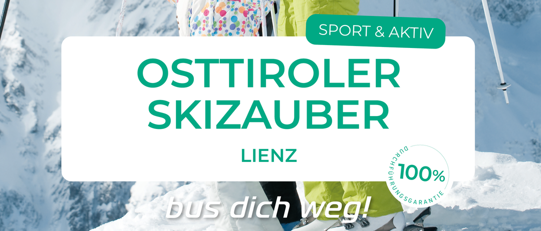 Drei Skifahrer, zwei Erwachsene und ein Kind, stehen auf verschneiten Bergen. Sie lächeln und halten Skistöcke. Der Text lautet 'Osttiroler Skizauber' und 'SPORT & AKTIV'.